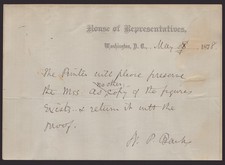NATHANIEL P. BANKS - AUTOGRAPH NOTE SIGNED 05/08/1878 picture