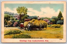Darlington, Wisconsin Haying Farm Scene Postcard, Vintage Posted E184 picture