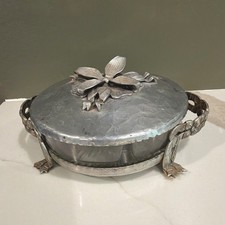 Vintage hammered aluminum 3-Compartment Divided Glass Dish w/ Stand & Lid picture