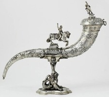 X LARGE FIGURAL GERMAN HANAU SILVER CORNUCOPIA DRINKING HORN SILVER TANKARD 1920 picture