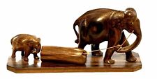 Vtg. Hand-Carved Wood Mother & Baby Elephant Moving A Log (G) picture