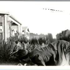1945 Boy Pinstripe Suit Snapshot Photo Garden Backyard House Vtg Childhood Cute picture