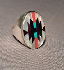 Vintage Zuni Silver & Multi Stone Inlay Men's Ring By Charlotte Dishta Size 11 picture