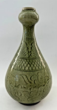 Vintage Chinese Style Celadon Bottle Vase Crackle Glaze Relief Decor 10.5