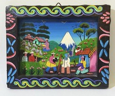 Hand-Painted Ecuadorian Tigua Art on Llama Hide – Signed Jose V.J. – Framed picture