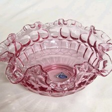 Vtg Fenton Thumbprint Colonial Pink Dusty Rose Ruffled Glass Bowl Crimped Edge 8 picture