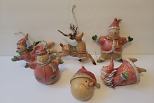 Lot of 6 Rustic Country Style Snowman Santa Reindeer Ornaments Crackle Paint picture