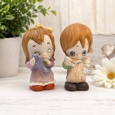 Vintage 1970s Big Eyes Boy & Girl Crying Bisque Figurine Set Taiwan 4.5” Cute picture