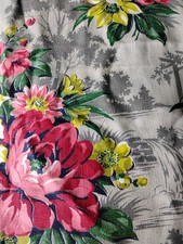 Mint NOS 1940s Barkcloth Fabric Continuous 5 Yards Waterfall Scenic Intact Tag picture