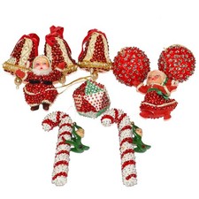 Vintage Push Pin Bead Sequin Santa & Mrs Claus Reindeer Ornaments Lot of 10 picture
