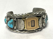 VTG Native American Turquoise Sterling Silver Digital Watch Cuff Bracelet 53g picture