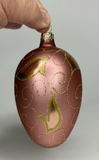 Hand Blown Glass Christmas Ornament Ukraine Hand Painted Pink with Gold Leaves picture