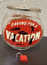 RARE HTF Vintage 1950s Bower Mfg Saving for Vacation Glass Fishbowl Bank NO KEY picture
