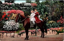 Antque PC of two little girls on morning Horse ride in a park in Los Angeles Cal picture