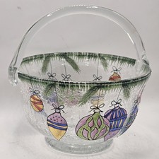 Crystal Crackle Glass Christmas Basket Bowl Fifth Avenue Hand Painted Romania picture