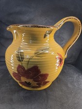 Yellow Ceramic Floral Pitcher Beehive Ribbed Flower Vase Tuscan Country Flawed picture