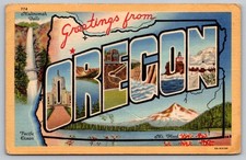 c1938 Greetings From Oregon Large Letter Multnomah Falls Mt Hood Linen Postcard picture