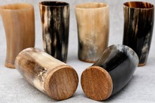 Viking Drinking Horn Set of 6 Natural Buffalo Ale Horn Cups with Wooden Base picture