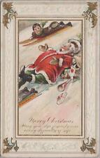 Postcard Merry Christmas Santa Sledding Down Hill  picture