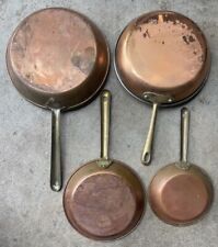 Vintage Copper Pans Skillets Brass Handles Marked Portugal R. 104 Lot of 4 picture