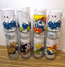 Vintage 1982 The Smurfs Painted Glass Tumbler Set Of 8 Papa Smurf Smurfette picture