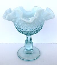 VINTAGE Blue FENTON Art Glass OPALESCENT HOBNAIL RUFFLED TOP COMPOTE picture