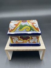 Vintage Mexican Talavera Hand Painted Ceramic Chest Floral Cobalt Box Signed 5” picture