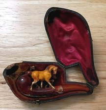 Small Old Antique Smoking Pipe Hand Carved Two Horses 2 Horse Figures & Case picture