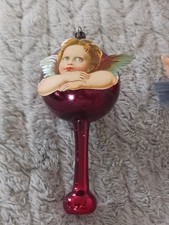 🌲ANTIQUE,BURGUNDY, GASS, BALLOON SHAPE, CHRISTMAS ORNAMENT W/ RAFAEL, SCRAP. picture