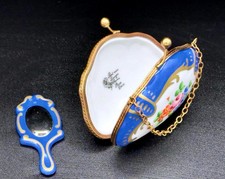 Authentic Limoges France Victorian Blue Floral Purse Trinket Box wMirror Trinket picture