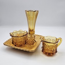 Fostoria Coin Glass Amber Bud Vase Hobnail Cream & Sugar 1987 Mixed Lot of 4 VTG picture
