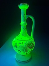 Antique Bristol Opaline Glass Handled Vase w/ Hand Painted Enamel Floral Deco picture