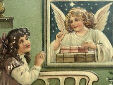 ASB Christmas Postcard Children Girl Angel at Window Brings Gifts Icicle Border picture