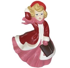 Vtg Atlantic Mold Ceramic Christmas Caroling Singing Girl Pink & Red With Book picture