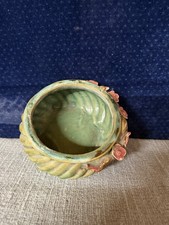 Vintage Style Ceramic Floral Planter Green Basket Weave Pink Flowers AS IS picture