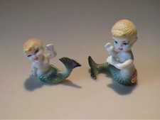 TWO VINTAGE 1960'S MINIATURE BONE CHINA BLONDE MERMAID FISH picture