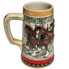 Budweiser 1988 Holiday Stein Clydesdales Crossing Bridge Ceramic Beer Mug Multi picture