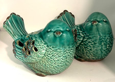 Pair of  Porcelain Bird Figurine w/Cutout Design Turquoise Distressed Brown 6x7 picture