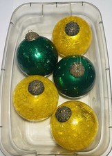 5 VTG HEAVY LARGE 4” CRACKLE GLASS KUGEL CHRISTMAS ORNAMENT GERMANY GOLD &GREEN  picture