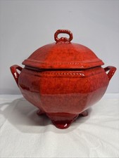 Vintage Peasant Village Italy Soup Tureen w/Lid RED Pearl Luster Pottery PV picture