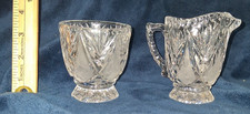 Vintage Cut Crystal Glass Open Sugar Bowl and Creamer Set Fan Diamond Point picture
