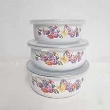 Vintage Set Of 3 Enameled Metal Nesting Storage Bowls With Lids Floral  picture