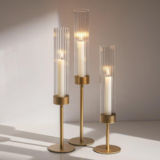 Glasseam Gold Hurricane Taper Candle Holders, 3 Pcs Candlestick with Glass picture