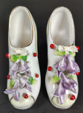 Vintage Beckwith China Japan Porcelain Shoe Figurines Applied Flowers Pair picture