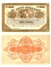u Reproduction Note Colombia Banco AMERICANO 100 Pesos 1883    1042R picture