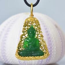 Buddha Image Gold Vermeil Sterling Bodhi Tree Green Chalcedony Pendant 13.04 g picture