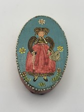 Vintage Hand Painted Folk Art Oval Trinket Box Woman Bird Floral 3.5