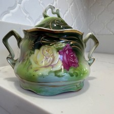 Hand Painted Vintage Porcelain Sugar Bowl Rose Design Gold Detailing Two Handles picture