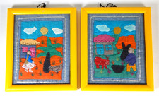 VTG PERUVIAN ARPILLERA FOLK ART PAIR 3D APPLIQUE TAPESTRY FRAMED VILLAGE SCENE picture