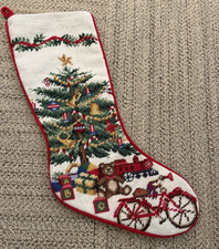 Vtg Needlepoint Christmas Stocking Lands' End Tree bike toys  22